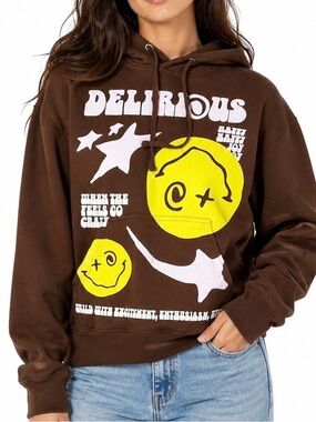 PacSun Brown Graphic Hoodie Smiley Star Pullover Size S